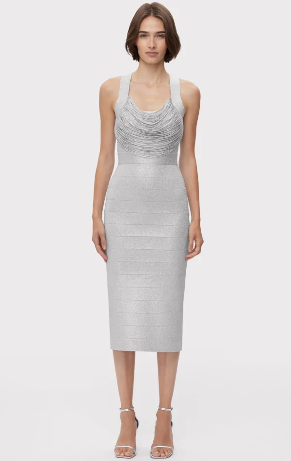 Women Hervé Léger Dresses-DISCO KNIT FRINGE MIDI DRESS