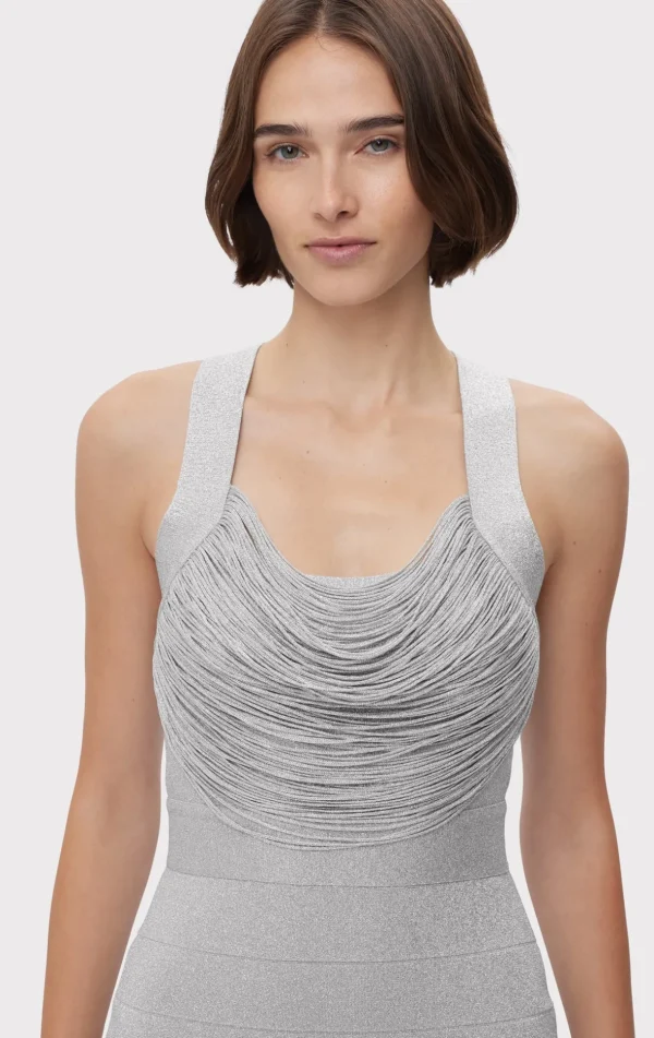 Women Hervé Léger Dresses-DISCO KNIT FRINGE MIDI DRESS