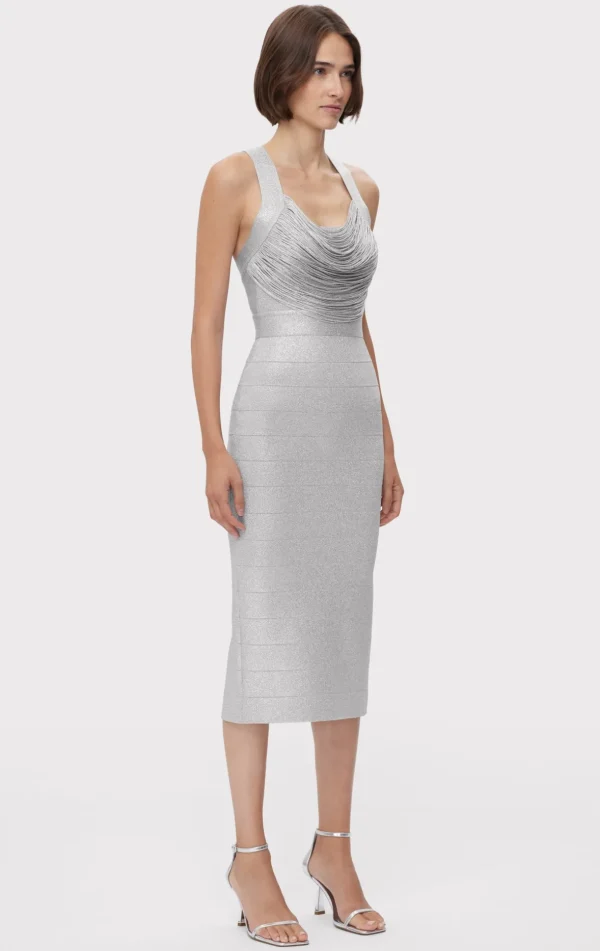 Women Hervé Léger Dresses-DISCO KNIT FRINGE MIDI DRESS