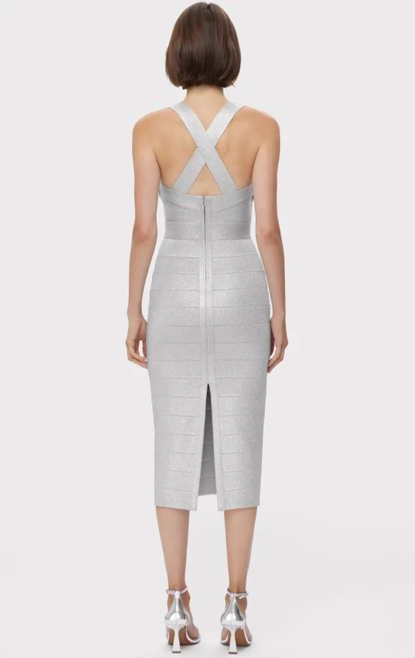 Women Hervé Léger Dresses-DISCO KNIT FRINGE MIDI DRESS