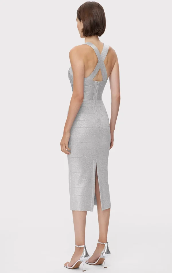 Women Hervé Léger Dresses-DISCO KNIT FRINGE MIDI DRESS