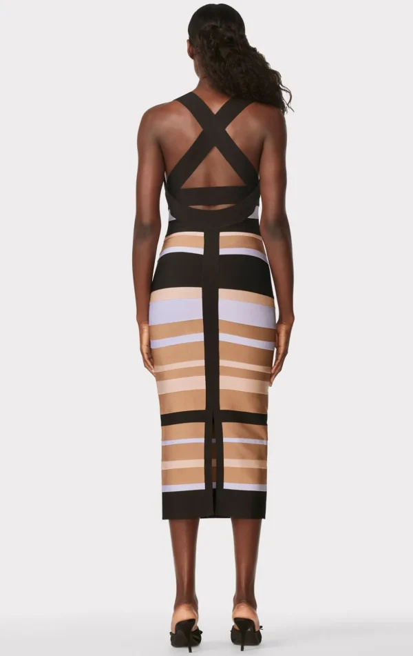 Women Hervé Léger Dresses-HERVÉ LÉGER X LAW ROACH STRIPED BANDAGE MIDI DRESS