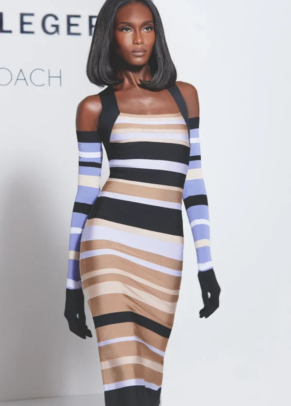 Women Hervé Léger Dresses-HERVÉ LÉGER X LAW ROACH STRIPED BANDAGE MIDI DRESS
