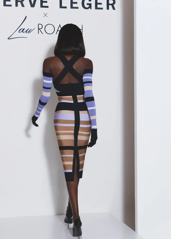 Women Hervé Léger Dresses-HERVÉ LÉGER X LAW ROACH STRIPED BANDAGE MIDI DRESS
