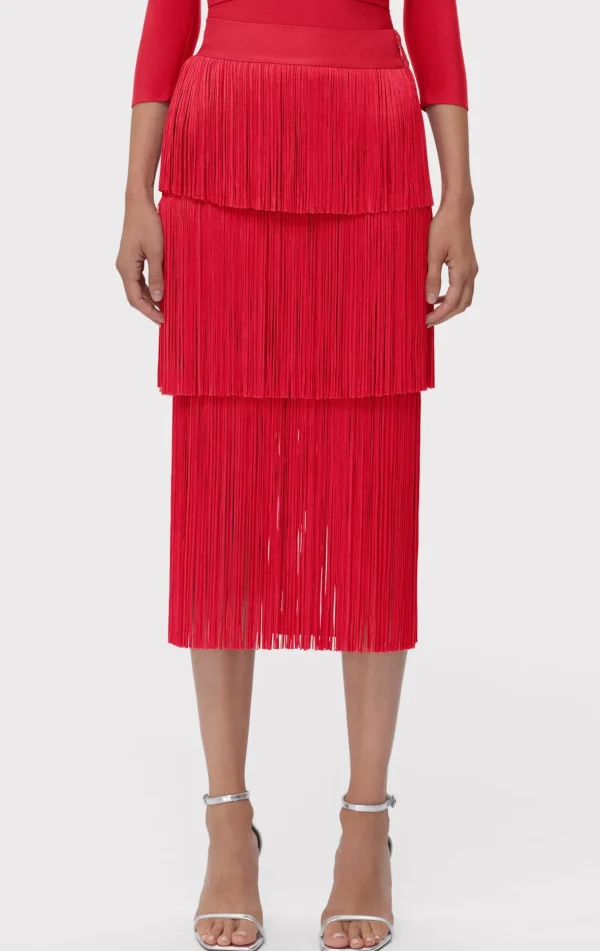 Women Hervé Léger Separates | Bottoms-ICON LAYERED FRINGE MIDI SKIRT