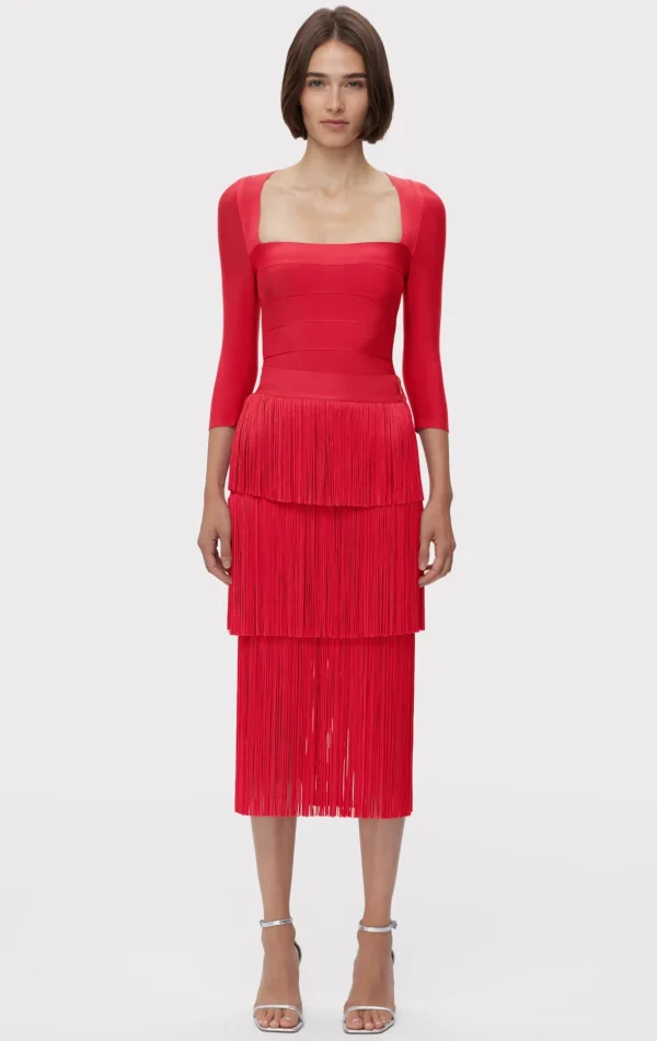 Women Hervé Léger Separates | Bottoms-ICON LAYERED FRINGE MIDI SKIRT