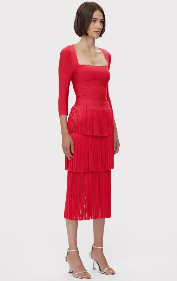 Women Hervé Léger Separates | Bottoms-ICON LAYERED FRINGE MIDI SKIRT