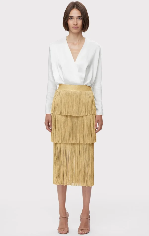 Women Hervé Léger Separates | Bottoms-ICON METALLIC LAYERED FRINGE MIDI SKIRT