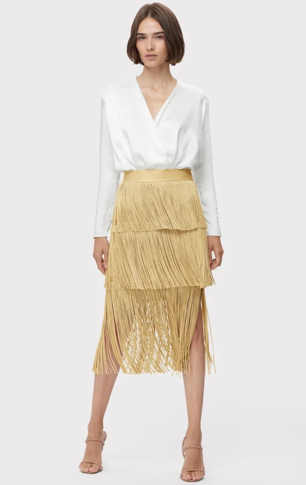 Women Hervé Léger Separates | Bottoms-ICON METALLIC LAYERED FRINGE MIDI SKIRT