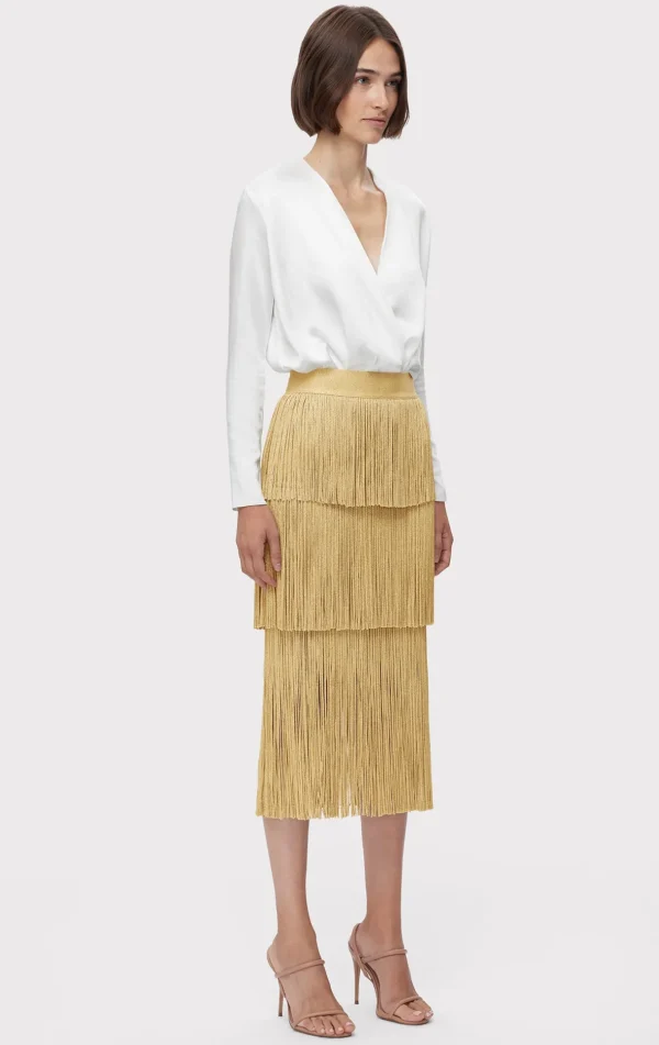 Women Hervé Léger Separates | Bottoms-ICON METALLIC LAYERED FRINGE MIDI SKIRT