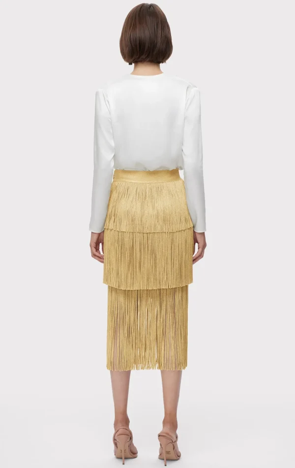 Women Hervé Léger Separates | Bottoms-ICON METALLIC LAYERED FRINGE MIDI SKIRT