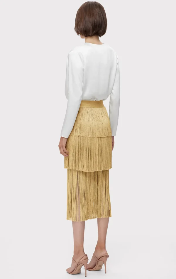 Women Hervé Léger Separates | Bottoms-ICON METALLIC LAYERED FRINGE MIDI SKIRT