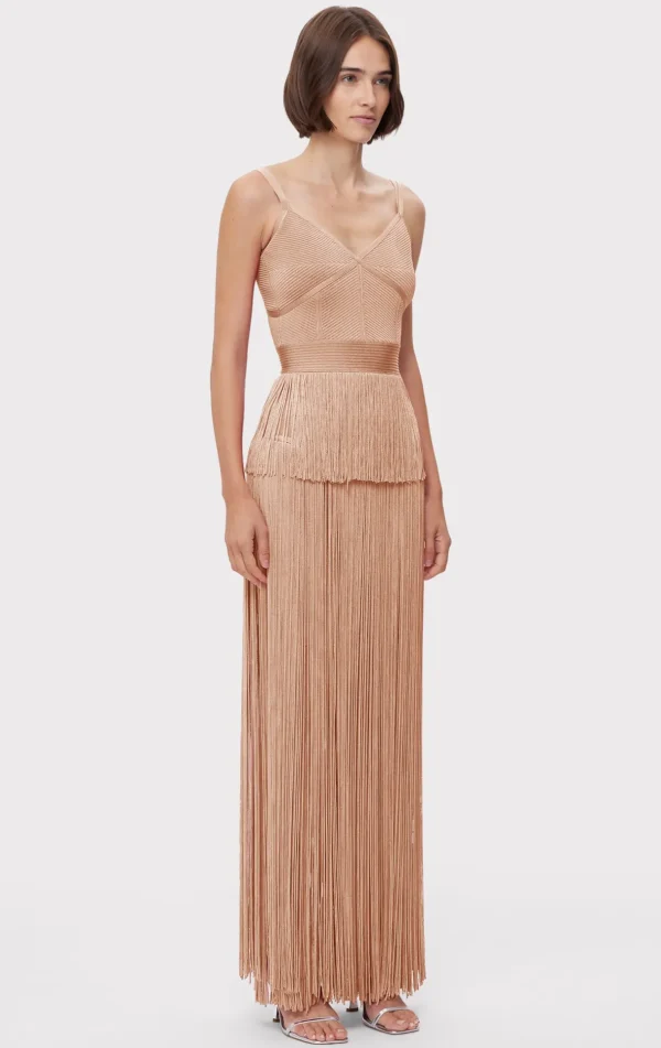 Women Hervé Léger Dresses | Gowns-ICON METALLIC OTTOMAN FRINGE GOWN