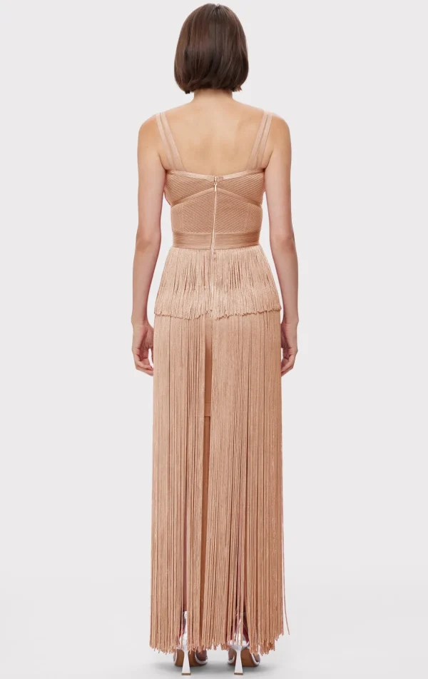 Women Hervé Léger Dresses | Gowns-ICON METALLIC OTTOMAN FRINGE GOWN