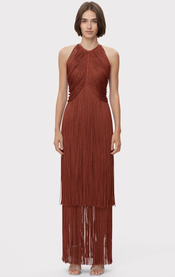 Women Hervé Léger Dresses | Gowns-METALLIC DRAPED FRINGE HALTER GOWN