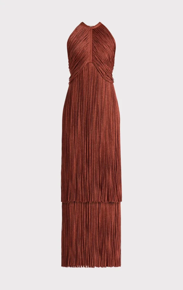 Women Hervé Léger Dresses | Gowns-METALLIC DRAPED FRINGE HALTER GOWN