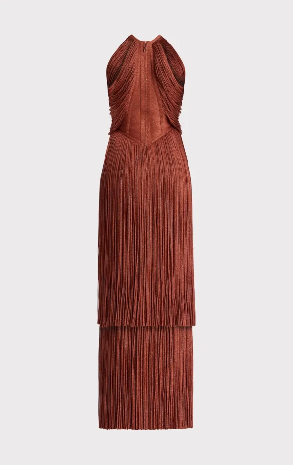 Women Hervé Léger Dresses | Gowns-METALLIC DRAPED FRINGE HALTER GOWN