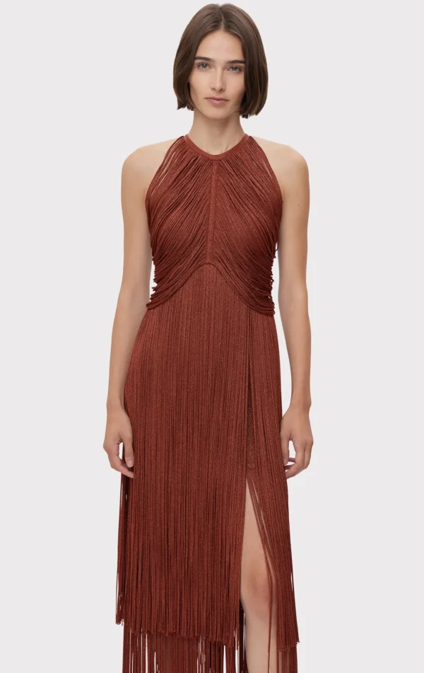 Women Hervé Léger Dresses | Gowns-METALLIC DRAPED FRINGE HALTER GOWN