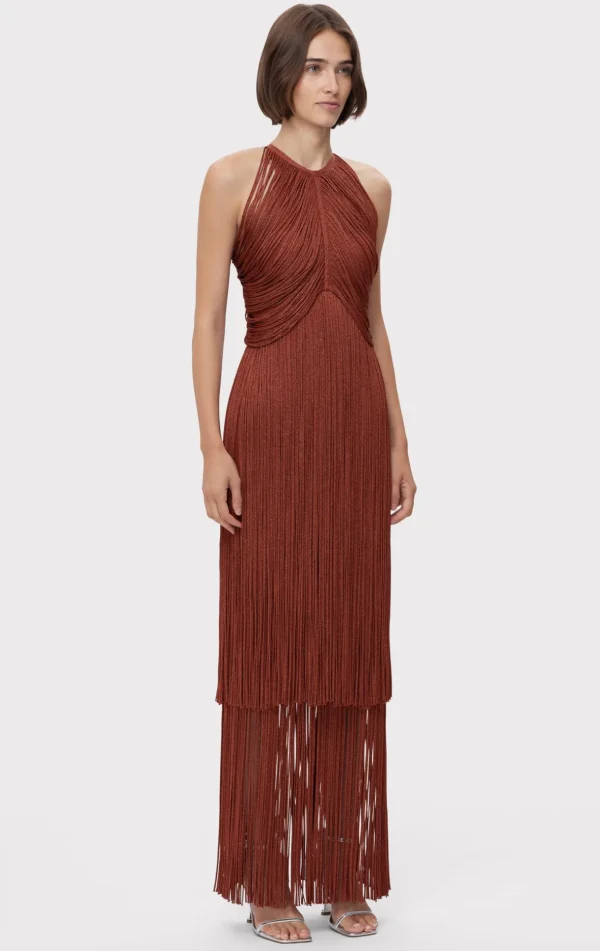 Women Hervé Léger Dresses | Gowns-METALLIC DRAPED FRINGE HALTER GOWN