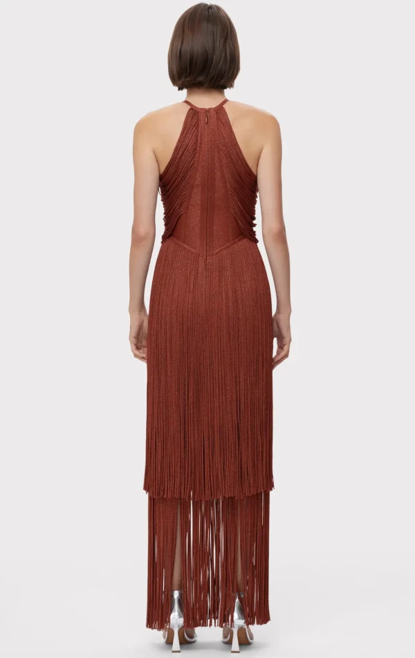 Women Hervé Léger Dresses | Gowns-METALLIC DRAPED FRINGE HALTER GOWN