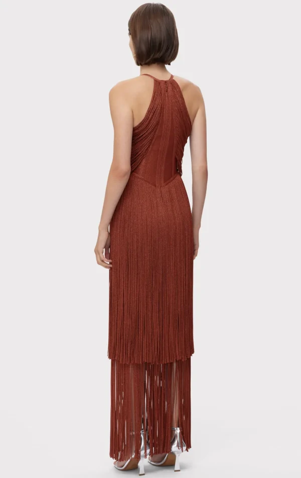 Women Hervé Léger Dresses | Gowns-METALLIC DRAPED FRINGE HALTER GOWN