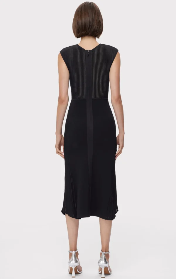 Women Hervé Léger Dresses-SHEER FLUTED STRIPE FLARE MIDI DRESS
