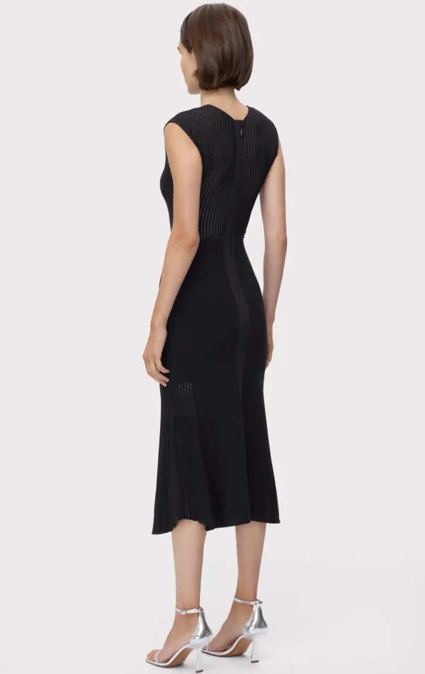 Women Hervé Léger Dresses-SHEER FLUTED STRIPE FLARE MIDI DRESS