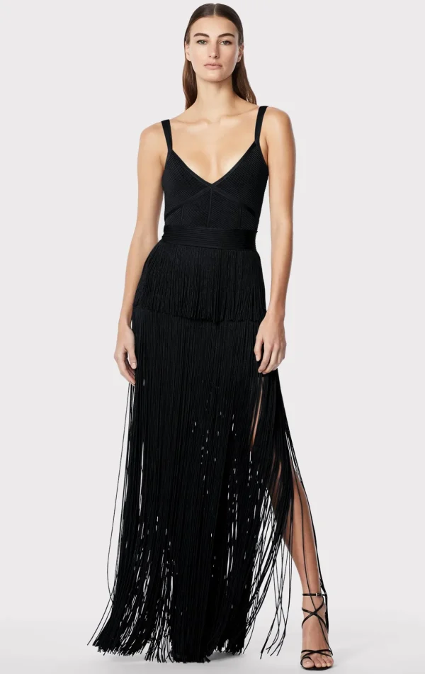 Women Hervé Léger Dresses | Gowns-STRAPPY OTTOMAN FRINGE GOWN