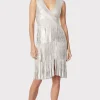 Women Hervé Léger Dresses-V NECK FOIL FRINGED MIDI DRESS