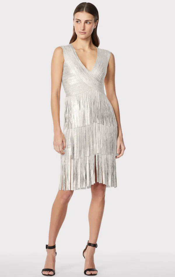Women Hervé Léger Dresses-V NECK FOIL FRINGED MIDI DRESS