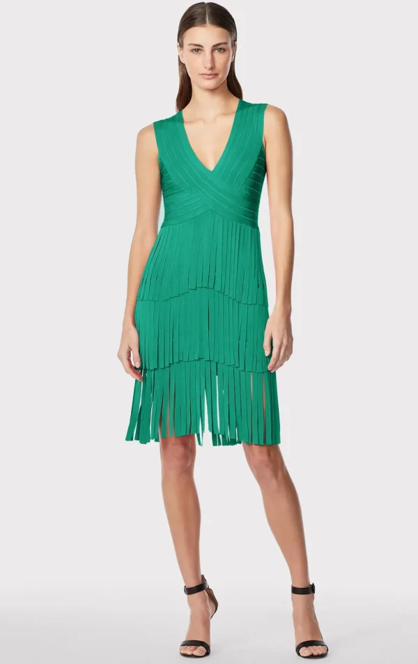 Women Hervé Léger Dresses-V NECK FRINGED MIDI DRESS