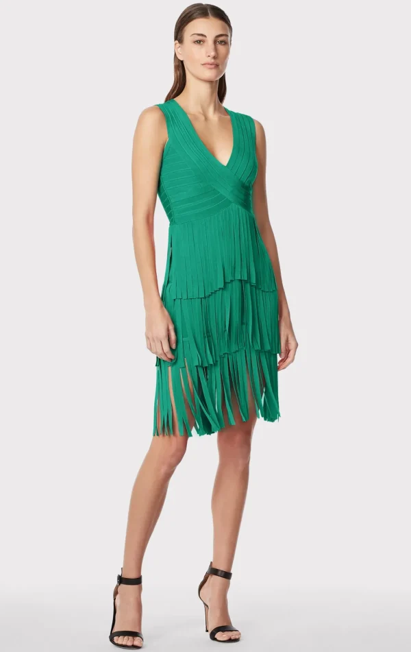 Women Hervé Léger Dresses-V NECK FRINGED MIDI DRESS